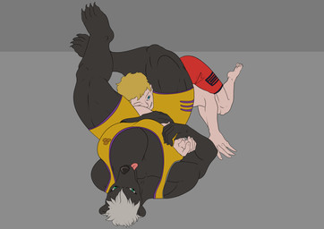 anthro armbar blonde_hair breasts cleavage clothed clothing dominant dominant_anthro dominant_female female hair head_between_thighs male male/female mixed_wrestling muscular muscular_female submission_hold submissive submissive_human submissive_male thick_thighs tongue tongue_out triangle_choke white_hair wrestling wrestling_singlet norsuiso badger honey_badger human mammal mustelid musteline absurd_res hi_res