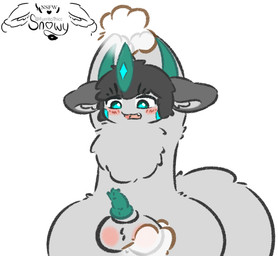 anthro balls balls_blush big_balls big_balls_small_penis blue_cheeks blue_eyes blush blush_lines body_blush chest_tuft disembodied_paw disproportionate_genitalia fangs fluffy fluffy_tail genitals grey_ears hand_on_balls horn knot looking_down male open_mouth penis restrained simple_background small_penis solo tail teeth tuft wide_hips snowy_(furrito_thicc) ambiguous_species 2026 digital_media_(artwork) watermark