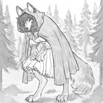 anthro bangs bared_teeth barefoot bow_ribbon claws cloak clothing dark_hair digitigrade dress evil_grin feet female fluffy fluffy_tail forest furgonomic_headwear furgonomics fusion grin hair hair_over_eye hood hunched_over large_paws looking_at_viewer one_eye_obstructed paws plant simple_background smile smiling_at_viewer solo tail teeth teeth_showing tree wavy_hair tateoftot fairy_tales little_red_riding_hood_(copyright) big_bad_wolf little_red_riding_hood canid canine canis mammal wolf 1:1 black_and_white monochrome sketch