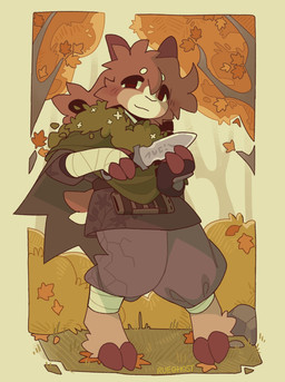 ambiguous_gender anthro autumn brown_eyes cheek_tuft cloak clothed clothed_anthro clothing countershading detailed_background facial_tuft forest hooves knife looking_at_viewer plant short_tail shrub smile solo standing tail tree tuft wrapped_arms ruedeath rowan_(ruedeath) bovid caprine goat mammal 2025 hi_res nonbinary_(lore)
