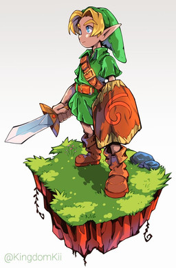blonde_hair blue_eyes boots clothing fingers footwear grass hair hat headgear headwear holding_melee_weapon holding_object holding_sword holding_weapon humanoid_pointy_ears light_body light_skin male melee_weapon not_furry plant pointy_ears rock shield shoes simple_background solo sword weapon kingdomkii nintendo the_legend_of_zelda young_link humanoid hylian 2022 signature