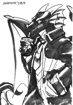 accessory anthro beverage black_body bubble_tea claws clothing container cup dorsal_fin dorsal_frill drinking drinking_straw ear_fins fin frill_(anatomy) horn jacket male multicolored_body necktie spines topwear white_body wings mamath mythology negadrake dragon mythological_creature mythological_scalie scalie 2025 dated hi_res monochrome signature