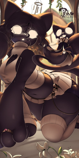 anthro asymmetrical_clothing bed bed_sheet bedding belly belt belt_buckle bent_over big_breasts big_hands big_tail bottomwear breasts buckle chain chain_jewelry cleavage_cutout clock clock_tower clothing crop_top curly_hair cutout digit_ring duo female flower furniture glowing glowing_eyes glowing_outline hair jewelry jumping legwear light long_hair mascot open_mouth pink_(pinkcynicism) plant ring shirt shorts skirt smile spandex spandex_shorts stockings sunlight sweater tail thick_thighs tight_bottomwear tight_clothing tight_shorts topwear wedding_ring wind_chime window pinkcynicism domestic_cat felid feline felis mammal absurd_res hi_res