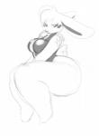 anthro arm_tuft biped blush breasts clothed clothing female half-closed_eyes leotard looking_at_viewer narrowed_eyes shoulder_tuft simple_background sitting solo thick_thighs tuft white_background behemuffin cupcake_(oriole) lagomorph leporid mammal rabbit digital_media_(artwork) hi_res monochrome