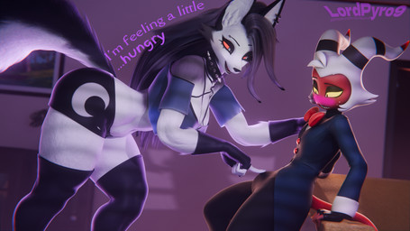 2_horns anthro big_breasts black_clothing black_collar black_gloves black_handwear black_latex black_legwear black_thigh_highs blush bottomwear breasts bulge clothed clothed_anthro clothed_female clothed_humanoid clothed_male clothing collar dialogue duo eyelashes female fingerless_gloves fluffy fluffy_tail freckled_face freckles fur gloves grey_body grey_eyes grey_fur grey_hair hair handwear horn latex latex_clothing latex_gloves latex_handwear latex_legwear latex_thigh_highs legwear long_eyelashes long_hair male male/female multicolored_body multicolored_fur piercing red_body red_sclera red_skin shorts spiked_collar spikes suit tail text thigh_highs two_tone_body two_tone_fur white_body white_fur white_hair yellow_sclera lpyro9 dogzeela_(modeler) valorlynz_(modeler) hellaverse helluva_boss mythology loona_(helluva_boss) moxxie_(helluva_boss) canid canid_demon canine demon hellhound humanoid imp mammal mythological_canine mythological_creature 16:9 2025 3d_(artwork) digital_media_(artwork) english_text hi_res url widescreen