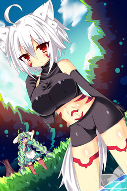 ahoge apron bare_shoulders big_breasts blue_eyes blush bottomwear braided_hair breasts clothing cloud detailed_background duo fangs female gloves green_hair grey_hair hair handwear looking_at_viewer maid_apron maid_uniform midriff navel open_mouth outside pigtails plant red_eyes short_hair shorts sky spandex spandex_shorts tattoo teeth tight_bottomwear tight_clothing tight_shorts tree twin_braids uniform water wolf_tail shiroi_kuroro animal_humanoid canid canid_humanoid canine canine_humanoid canis humanoid mammal mammal_humanoid wolf wolf_humanoid 2:3 digital_media_(artwork) hi_res portrait source_request three-quarter_portrait unavailable_at_source