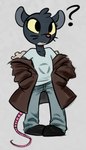 anthro black_eyes bottomwear buckteeth chest_tuft clothed clothing coat denim denim_bottomwear denim_clothing female footwear front_view furred_coat hand_in_pocket hands_in_both_pockets jeans open_clothing open_coat open_topwear pants pockets question_mark shirt shoes simple_background solo standing t-shirt tan_background teeth topwear tuft whiskers young young_anthro soulcentinel third-party_edit squitoo_(colorist) night_in_the_woods lori_meyers mammal murid murine rat rodent 2021 2025 color_edit colored hi_res