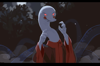 ambiguous_gender anthro clothed clothing fangs front_view long_neck outside plant pupils red_clothing red_eyes red_topwear shrub slit_pupils solo teeth topwear unsigned white_body white_pupils corzh77 reptile scalie snake 3:2 half-length_portrait hi_res letterbox portrait