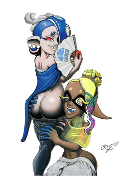 big_butt black_bottomwear black_clothing black_pants blonde_hair blue_clothing blue_hair blue_shawl blue_tongue bottomwear bottomwear_down breasts butt butt_grab chest_wraps clothed clothing cross_pupils dark_body dark_skin duo ear_piercing eyelashes face_on_butt female grey_bottomwear grey_clothing grey_pants hair hair_over_eye hand_on_butt holding_fan humanoid_pointy_ears kneeling looking_at_viewer looking_back looking_back_at_viewer navel one_eye_closed open_mouth open_smile pale_skin pants pants_down partially_clothed piercing pointy_ears presenting presenting_another presenting_hindquarters pseudo_hair rear_view red_eyes shawl simple_background smile tentacle_hair tentacles thick_thighs tongue topwear white_background wide_hips wink winking_at_viewer wraps yellow_clothing yellow_eyes yellow_shawl yellow_topwear tezca_nahuac nintendo splatoon frye_(splatoon) shiver_(splatoon) animal_humanoid aquatic aquatic_humanoid cephalopod cephalopod_humanoid humanoid inkling mollusk mollusk_humanoid octarian octoling octopus_humanoid squid_humanoid hi_res traditional_media_(artwork)