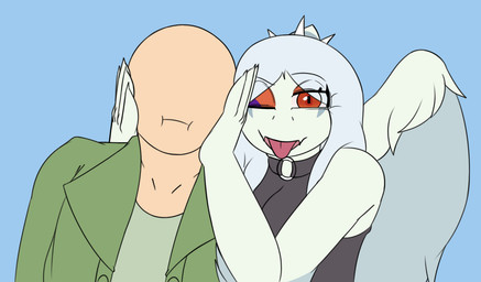 anthro bald black_clothing black_shirt black_tank_top black_topwear blue_background blue_body bored breasts canon_couple clothed clothed_anthro clothed_female clothed_human clothed_male clothing collar duo elbow_feathers eyebrow_through_hair eyebrows feathered_wings feathers female front_view green_clothing green_jacket green_shirt green_topwear grey_body grey_feathers grey_hair hair hand_on_cheek human_on_anthro interspecies jacket long_hair looking_at_viewer male male/female markings neutral_expression non-mammal_breasts one_eye_closed open_clothing open_jacket open_mouth open_smile open_topwear playful red_eyes shirt simple_background smile spiked_collar spikes striped_markings stripes tank_top tongue tongue_out topwear translucent translucent_hair wings hyuvevo cavemanon_studios goodbye_volcano_high ko_op_(game_developer) snoot_game anon_(snoot_game) fang_(gvh) human mammal prehistoric_species pterosaur reptile scalie colored hi_res shaded