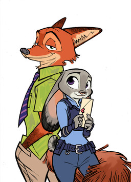 anthro belt black_nose bottomwear cheek_tuft clothed clothing duo ears_down envelope facial_tuft fully_clothed fur grey_body grey_fur hand_in_pocket heart_symbol holding_object necktie orange_body orange_fur pants pink_nose pivoted_ears pockets police police_uniform purple_eyes scut_tail shirt short_tail simple_background smile tail topwear tuft uniform white_background coreycomic disney zootopia judy_hopps nick_wilde canid canine fox lagomorph leporid mammal rabbit red_fox true_fox 2017