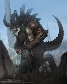 5_fingers anthro balls big_penis bodily_fluids cum cumshot digitigrade ejaculation fingers genital_fluids genitals grinding horn humanoid_genitalia humanoid_penis male masturbation muscular muscular_anthro muscular_male nude open_mouth orgasm outside penis public solo tail tongue tongue_out yellow_eyes todex fallout microsoft deathclaw scalie 2016 hi_res watermark