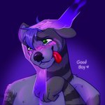 anthro begging disembodied_hand effects ghost_hands good_boy green_eyes hair half-closed_eyes happy headpat male narrowed_eyes purple_hair solo solo_focus tongue tongue_out gua0gua0 max_(maxfloof) hyena mammal absurd_res headshot_portrait hi_res portrait shaded