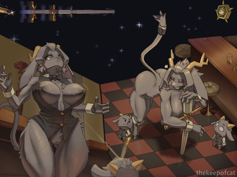 4_fingers anthro bar_stool bare_breasts bare_shoulders bent_over black_nipples blue_eyes blush bodily_fluids bouncing_breasts breasts bright_light butt button_(fastener) button_pop chest_tuft clothed clothing crotch_tuft drunk embarrassed erect_nipples female fingers fur furniture genitals goat-bunny-cat_lady grey_body grey_fur group hooves horn long_ears long_tail looking_down looking_down_at_another male male/female melee_weapon neckwear nipple_piercing nipples nude nude_female partially_clothed piercing public public_nudity raised_tail size_difference staring_at_chest stool substance_intoxication sweat sweatdrop sweaty_breasts sword tail thick_thighs torn_clothing tuft vulva wardrobe_malfunction weapon wide_hipped_female thekeepofcat pseudoregalia sybil_(pseudoregalia) 4:3 absurd_res hi_res multiple_scenes