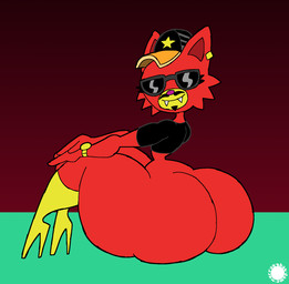 anthro big_butt boots bubble_butt butt cheek_tuft clock clothing crop_top curvy_figure ear_piercing ear_ring eyelashes eyewear facial_hair facial_tuft fangs femboy footwear fur goatee hat headgear headwear high_heeled_boots high_heels knee_boots knee_highs legwear logo male mustache piercing rear_view red_body red_fur ring_piercing shirt shoes sitting small_waist solo sunglasses teeth text thick_thighs topwear tuft wasp_waist watch wide_hips wristwatch thatdawgmurray moshi_monsters blingo_the_flashy_fox canid canine fox mammal aliasing artist_logo artist_name digital_media_(artwork) hi_res signature