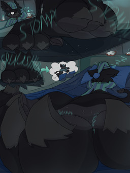 3_toes anthro barefoot beak beak_closed bed bedding big_ears big_feet biped black_beak black_body black_fur black_tail blue_clothing blue_hat blue_headwear blue_pajamas blue_topwear bottomless bottomless_anthro bottomless_male candle candlestick cheek_tuft claws clothed clothed_anthro clothed_male clothing ears_down empty_eyes eyebrows facial_tuft feet foot_fetish foot_focus fur furniture green_clothing green_hat green_headwear green_pajamas green_topwear half-closed_eyes hat head_on_pillow headgear headwear hindpaw lying male male_anthro mouth_closed multicolored_clothing multicolored_hat multicolored_headwear multicolored_pajamas multicolored_topwear narrowed_eyes nightcap on_bed on_front on_pillow onomatopoeia pajamas pattern_clothing pattern_hat pattern_headgear pattern_headwear pattern_pajamas pattern_topwear paws pillow pivoted_ears semi-anthro sleeping sleepwear solo sound_effects stomp_(sound_effect) stomping striped_clothing striped_hat striped_headgear striped_headwear striped_pajamas striped_topwear stripes tail text toe_claws toes topwear tripping tuft two_tone_clothing two_tone_hat two_tone_headwear two_tone_pajamas two_tone_topwear vowelless vowelless_sound_effect walking white_eyes zzz kitlum deadlock_(game) mythology valve rem_(deadlock) avian chimera dream_creature gryphon mythological_avian mythological_creature 2026 3:4 absurd_res hi_res sequence