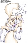 anthro bandai_namco black_sclera canid canine digimon digimon_(species) duo erection female fur genitals intraspecies kasedries licking male male/female mammal penis renamon tail tongue tongue_out white_body white_fur yellow_body yellow_fur