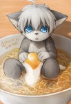 ahoge ambiguous_gender anthro black_nose blue_eyes countershading detailed_food egg food fur glistening glistening_eyes gloves_(marking) grey_body grey_fur hair holding_food holding_object kemono looking_at_viewer markings micro multicolored_body multicolored_fur noodles open_mouth partially_submerged ramen_bowl sitting solo text two_tone_body two_tone_face two_tone_fur white_body white_fur white_hair young young_anthro naegi canid canine fox mammal 2019 absurd_res detailed hi_res japanese_text translated