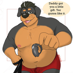 5_fingers ambiguous_gender anthro belly big_belly black_body black_chastity_cage black_fur black_hair black_nose brown_body brown_fur chastity_cage chastity_device clothed clothing daddy_kink dialogue dominant dominant_anthro dominant_male fingers first_person_view fur hair leash leash_pull male male/ambiguous male_anthro mature_anthro mature_male mullet open_mouth salt_and_pepper simple_background slightly_chubby speech_bubble stubble submissive submissive_pov talking_to_viewer text topless topless_anthro topless_male underwear underwear_only whisker_spots white_background p_rindustries will_(p_rindustries) canid canine canis dobermann domestic_dog mammal pinscher english_text hi_res signature