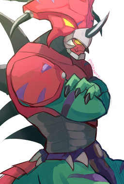 anthro armor bottomwear claws clothing crossed_arms finger_claws green_body headgear helmet horn loincloth looking_at_viewer male muscular muscular_anthro muscular_male solo unconvincing_armor yellow_eyes pirruwan bandai_namco digimon digimon_liberator digimon_(species) scalie styracomon absurd_res hi_res