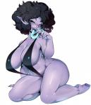 2016 absurd_res barefoot big_breasts big_butt bikini black_hair blue_eyes blue_lips blue_tongue breasts butt claws cleavage clothed clothing fangs feet female freckles hair hi_res huge_breasts humanoid humanoid_pointy_ears lips long_hair long_tongue looking_at_viewer navel not_furry one-piece_swimsuit open_mouth piercing purple_body purple_skin side_boob simple_background sitting slightly_chubby sling_bikini smile soles solo swimwear teeth thick_thighs tongue tongue_out tongue_piercing vampire venusflowerart white_background