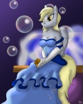 anthro anthrofied biped blonde_hair breasts bubble cleavage clothed clothing dress ear_piercing feathered_wings feathers female food grey_body grey_feathers hair jewelry muffin necklace orange_eyes piercing sitting solo tail wings collinscorpio friendship_is_magic hasbro my_little_pony mythology derpy_hooves_(mlp) equid equine mammal mythological_creature mythological_equine pegasus 2011 absurd_res hi_res