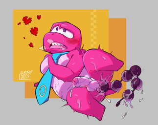 accessory anal anal_beads anal_beads_in_ass anal_penetration anthro anus balls blush blush_lines bodily_fluids butt genital_fluids genitals heart_symbol male male_penetrated mostly_nude necktie necktie_only object_in_ass penetration penis pink_body sex_toy sex_toy_in_ass sex_toy_insertion simple_background solo tail tongue lemonzealot gameoverse glitch_productions gobbles_(gameoverse) dinosaur prehistoric_species reptile scalie digital_media_(artwork) signature