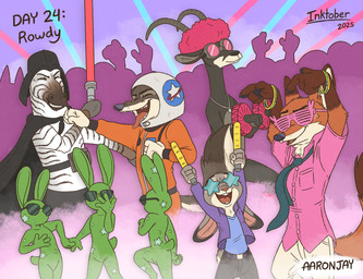 4_fingers afro anthro armor astronaut black_nose bottomwear clothed clothed_anthro clothed_female clothed_male clothing cosplay count day_count eyewear female female_anthro fingers full_body_suit fur grey_body grey_fur group headgear helmet horn humanoid_hands jojo_pose larger_anthro larger_male lightsaber male male_anthro melee_weapon multicolored_body multicolored_fur pants party pink_nose rave red_body red_fur red_lightsaber shirt shutter_shades size_difference smaller_anthro smaller_female smile star_sunglasses striped_body striped_fur stripes tail teeth text tongue tongue_out topwear two_tone_body two_tone_fur weapon white_body white_fur aar0njay disney inktober inktober_2025 jojo's_bizarre_adventure star_wars zootopia astro_wolf_(zootopia) darth_vader judy_hopps latex_bunny_(zootopia) nick_wilde antelope bovid canid canine canis equid equine european_rabbit fox lagomorph leporid mammal oryctolagus rabbit red_fox true_fox wolf zebra 2025 english_text