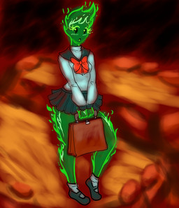 blush bottomwear breasts briefcase clothing colored_fire eyelashes female fire green_fire not_furry open_mouth school_uniform skirt solo uniform stuffman undertale undertale_(series) fuku_fire elemental_creature fire_creature humanoid 2015