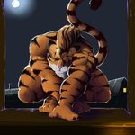 all_fours anthro black_stripes claws darkness full_moon fur green_eyes light male moon moonlight night nude_male orange_body orange_fur outside solo stripes whiskers window pandottermon felid mammal pantherine tiger 1:1 hi_res