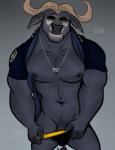 anthro bulge clothing eyewear genitals horn jewelry looking_at_viewer male muscular muscular_anthro muscular_male necklace nipples pecs penis penis_base police seductive smile solo sunglasses underwear undressing bgn disney zootopia chief_bogo bovid bovine cape_buffalo mammal 2018