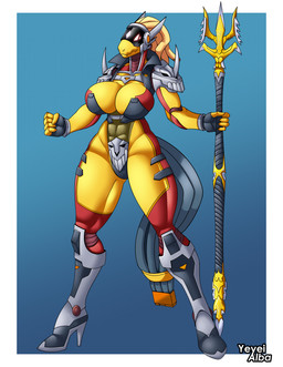 anthro armor big_breasts bio_mechanical bone breasts cleavage clothed clothing cord_hair cord_tail demonic female footwear hair high_heels huge_breasts machine melee_weapon muscular muscular_anthro muscular_female non-mammal_breasts pauldron polearm shoes skull solo spear synthetic tail trident visor_eyes weapon wide_hips wire yeyeialba taimanin_(series) taimanin_asagi s.o.n.j.a._(alphaleader) protogen robot valkyrie absurd_res hi_res story