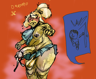 anthro balls bodily_fluids breasts clothing door embarrassed exposed_breasts genital_fluids genitals herm intersex leaking_precum musk precum saggy_balls solo steam surprised_expression sweat thick_thighs wardrobe_malfunction oregano animal_crossing nintendo isabelle_(animal_crossing) villager_(animal_crossing) hi_res