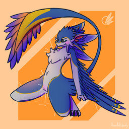 3_toes 4_ears anthro arched_back blush blush_lines bodily_fluids chest_tuft claws feathered_arms feathered_wings feathers feet female flat_chested genital_fluids genitals illuminate_trifeather kneeling looking_pleasured motion_lines multi_ear open_mouth paws presenting presenting_vulva simple_background solo spread_legs spreading tail tail_feathers thin_tail toes tuft twitching vaginal_fluids vulva winged_arms wings anonantibody renyu_kosente avali avian 1:1 hi_res shaded simple_shading watermark
