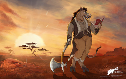 african anthro axe barbarian book clothing costume detailed_background eyewear glasses grass looking_at_another male melee_weapon mohawk muscular nature outside plant reading reading_book solo sun sunset text tree weapon hynvale devante_(xavious216) mammal suid suine sus_(pig) wild_boar hi_res url