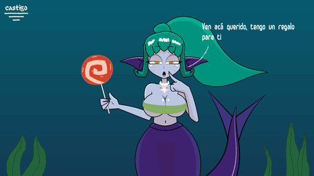 bandeau bare_shoulders big_breasts bite biting_lip black_sclera blue_background breasts candy clothing creepy dessert dialogue ear_fins female fin food green_hair grey_body grey_skin hair holding_candy holding_food holding_lollipop holding_object holding_weapon jewelry lollipop melee_weapon narrowed_eyes navel necklace orange_eyes plant_clothing ponytail pupils purple_fins purple_tail red_background seaweed shaking_breasts shaking_hips simple_background slit_pupils solo split_form strapless_clothing strapless_topwear tail talking_to_viewer text topwear underwater water weapon wide_hips castigo aquatic humanoid_merfolk merfolk siren 2026 animated artist_name hi_res spanish_text