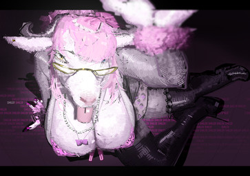 anthro big_breasts bikini bikini_top boots breasts cleavage clothed clothing colored_nails eyewear female female_anthro fingernails footwear glasses hair hair_over_eye high-angle_view high_heeled_boots high_heels horn humanoid_hands jewelry legwear leopard_print_bikini_top leopard_print_clothing nails necklace pink_fingernails pink_hair pink_nails pink_tongue shoes solo swimwear text thigh_boots thigh_highs tongue tongue_out two-piece_swimsuit wearing_glasses white_body yellow_eyes brothersmiler bovid caprine goat mammal artist_name hi_res