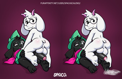 3_toes after_sex anthro anthro_on_anthro anus backsack balls black_balls black_body black_fur black_penis blush bodily_fluids bottomless butt cloak clothed clothing cum cum_from_ass cum_in_ass cum_inside cum_on_balls duo eyebrows eyewear feet foreskin fur fur_tuft genital_fluids genitals glans glasses half-erect hand_on_leg hat head_tuft headgear headwear horn humanoid_genitalia humanoid_penis leaking_cum long_ears looking_at_viewer looking_back lying male male/male male_on_bottom male_on_top nude on_back on_bottom on_top one_eye_closed paws penis perineum pink_glans purple_background raised_leg scarf short_tail shota simple_background smile square_crossover tail text toes tuft white_balls white_body white_fur white_penis white_perineum wink wizard_hat young young_anthro spaca deltarune undertale_(series) ralsei bovid caprine darkner goat mammal 2020 digital_media_(artwork) hi_res sequence signature url