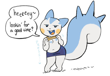 anthro big_tail bottomwear breasts clothed clothing clothing_lift denim denim_bottomwear denim_clothing denim_skirt dialogue female looking_at_viewer nipples offering_sex offering_to_viewer presenting shirt shirt_lift skirt slightly_chubby solo speech_bubble t-shirt tail thick_thighs topwear white_body kint nintendo pokemon generation_4_pokemon pachirisu pokemon_(species)