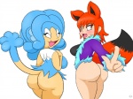 anthro big_butt bottomless breasts butt clothed clothing curvy_figure duo female open_mouth rear_view simple_background smile voluptuous white_background kirbot12 nintendo pokemon karin_(rokku-d) mimi_(rokku-d) animal_humanoid canid canid_humanoid canine canine_humanoid fox_humanoid generation_5_pokemon humanoid mammal mammal_humanoid pokemon_(species) simipour