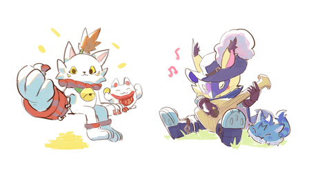 anthro banjo_(instrument) boots clothing duo eyes_closed footwear fur hat headgear headwear male mask musical_instrument plucked_string_instrument shoes sitting string_instrument topknot yellow_body yellow_fur 765nanami bandai_namco digimon digimon_liberator digimon_(species) manekimon nyabootmon 7:4 absurd_res hi_res