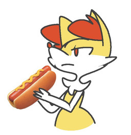 3_fingers ambiguous_gender anthro bread countershade_face countershading disappointed fingers food frown fur holding_object hot_dog inner_ear_fluff long_inner_ear_fluff mustard orange_body orange_fur orange_inner_ear_fluff pointy_nose simple_background solo tuft unimpressed white_arms white_body white_face white_fur white_neck yellow_body yellow_ears yellow_fur yellow_torso vilepluff nintendo pokemon braixen generation_6_pokemon pokemon_(species) colored digital_media_(artwork) meme