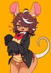 anthro balls bedroom_eyes blush bottomless bottomless_anthro bottomless_male bow_tie brown_hair clothed clothing femboy flaccid foreskin fur genitals glans hair hair_covering_one_eye heart_symbol heterochromia highlights_(coloring) inner_ear_fluff jacket long_sleeves looking_at_viewer male male_anthro narrowed_eyes open_clothing open_jacket open_mouth open_smile open_topwear partially_retracted_foreskin penis seductive shirt simple_background small_penis smile solo standing tail tan_body tan_fur tongue tongue_out topwear tuft undershirt infekah mammal mouse murid murine rodent 2021 absurd_res digital_drawing_(artwork) digital_media_(artwork) hi_res portrait shaded three-quarter_portrait