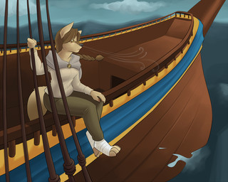 4_toes 5_fingers anthro barefoot biped breasts breathing cloud digitigrade feet female fingers hair humanoid_hands long_hair sailing sailing_ship sailing_watercraft sea ship sitting toes vehicle water watercraft wave wind casparr katja_(baldrek) canid canine canis mammal wolf 5:4