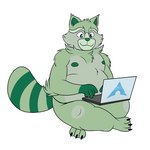 3_toes 4_fingers anthro bent_arm claws computer electronics feet fingers fur green_body green_fur logo male markings navel nipples nude overweight overweight_anthro overweight_male scratching scratching_belly sitting solo striped_body striped_fur striped_markings striped_tail stripes tail tail_markings toe_claws toes typing helensan arch_linux linux fred_(fredrick_brennan) mammal procyonid raccoon 1:1 2021 animated digital_media_(artwork) short_playtime