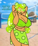 anthro big_breasts bikini breasts clothing dialogue drooped_ears female food fruit huge_breasts humanoid_pointy_ears hyper hyper_breasts lime nipple_outline plant pointy_ears solo stretching swimsuit_skirt swimwear talking_to_viewer text two-piece_swimsuit wide_hips bundle-of-kinks cookie_run lime_cookie cookie_(cookie_run) food_creature food_humanoid humanoid english_text hi_res