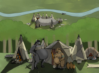 anthro club_(weapon) female group melee_weapon merchant pregnant sword tattoo tent tribal tribe village weapon vwpologt european_mythology greek_mythology mythology arthropod bovid bovine canid canine cattle domestic_pig fox insect mammal minotaur suid suine sus_(pig) wild_boar absurd_res hi_res