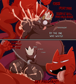 anal anal_penetration anthro balls big_balls big_butt big_penis bodily_fluids butt chain cuff_(restraint) cum cum_in_ass cum_inflation cum_inside cum_overflow deep_penetration duo excessive_cum excessive_genital_fluids forced genital_fluids genitals huge_balls huge_butt huge_penis hyper hyper_balls hyper_genitalia hyper_penis inflation looking_pleasured male male/male penetration penis profanity restraints rough_sex sex size_difference text vein veiny_penis kiffy_(artist) cult_of_the_lamb massive_monster_(studio) fox_(cult_of_the_lamb) ratau_(cult_of_the_lamb) canid canine demon fox mammal murid murine rat rodent absurd_res english_text hi_res