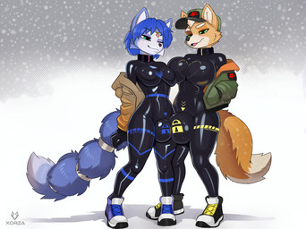 accessory anthro big_breasts big_bulge black_bodysuit black_clothing black_latex black_skinsuit blue_body blue_fur blue_hair blush bodysuit breast_size_difference breasts bulge bulge_frottage clothed clothed_anthro clothed_gynomorph clothing crossgender duo fluffy fluffy_tail footwear ftg_crossgender fti_crossgender fur furgonomics green_eyes gynomorph gynomorph/gynomorph hair huge_bulge intersex intersex/intersex jacket jewelry latex latex_bodysuit latex_clothing latex_skinsuit lock_bulge lock_symbol mtg_crossgender mti_crossgender multicolored_body multicolored_fur null_bulge ring shoes skinsuit tail tail_accessory tail_jewelry tail_ring tan_body tan_fur tan_hair teal_eyes tight_clothing topwear two_tone_body two_tone_fur wearing_hat white_body white_fur yellow_body yellow_fur xorza nintendo star_fox fox_mccloud krystal_(star_fox) canid canine fox mammal 2025 hi_res