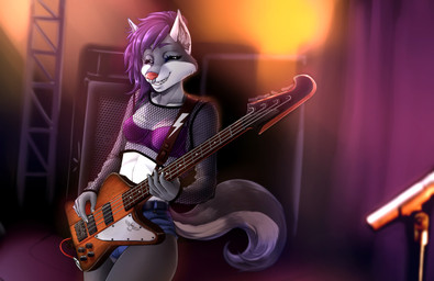 amplifier anthro bass_guitar black_body black_fur bottomwear bra clothed clothing denim denim_bottomwear denim_clothing denim_shorts eyes_closed facial_piercing female fishnet_clothing fishnet_topwear fur guitar guitar_strap hair lightning_bolt musical_instrument nose_piercing nose_ring piercing playing_music plucked_string_instrument purple_hair ring_piercing septum_piercing sharp_teeth shorts smile solo stage stage_curtains stage_lights string_instrument teeth topwear underwear white_body white_fur jojo218 kijuro canid canine canis mammal wolf absurd_res digital_media_(artwork) hi_res